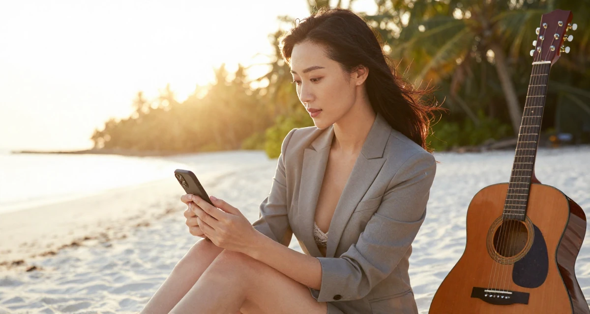 A proud Female From China, majored in journalism in their 47, solo traveler exploring the world in luxury, wearing a fitted blazer with nothing underneath but a lace bra (hinted), inspecting an object in a tropical white sand beach.