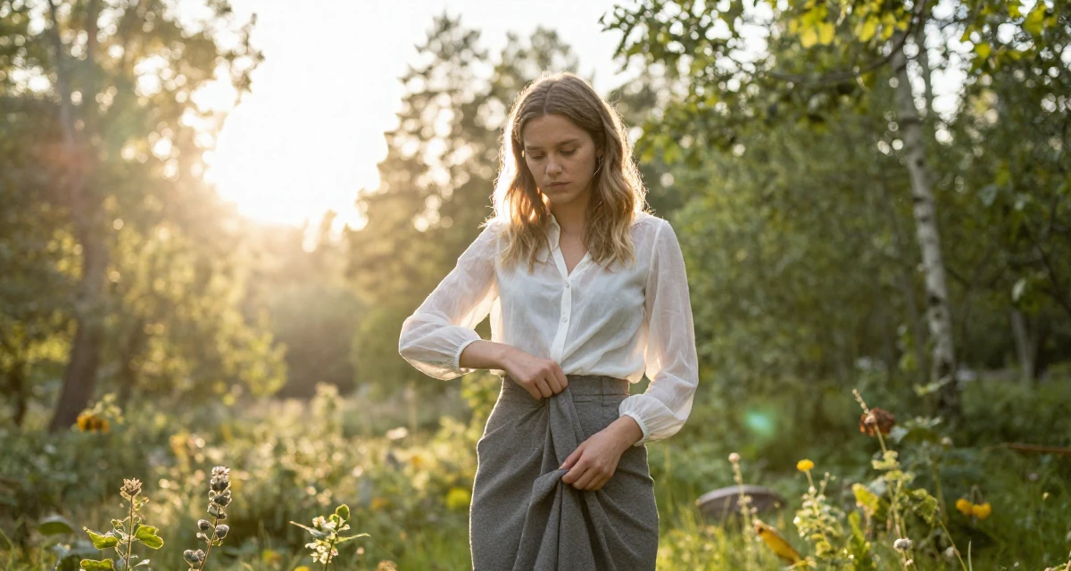 A indifferent Female Born in Norway, majored in consumer psychology in their 23, taking first serious steps toward independence, wearing a sheer sleeve blouse and a high-waisted skirt, smoothing out clothes in a magical forest clearing.