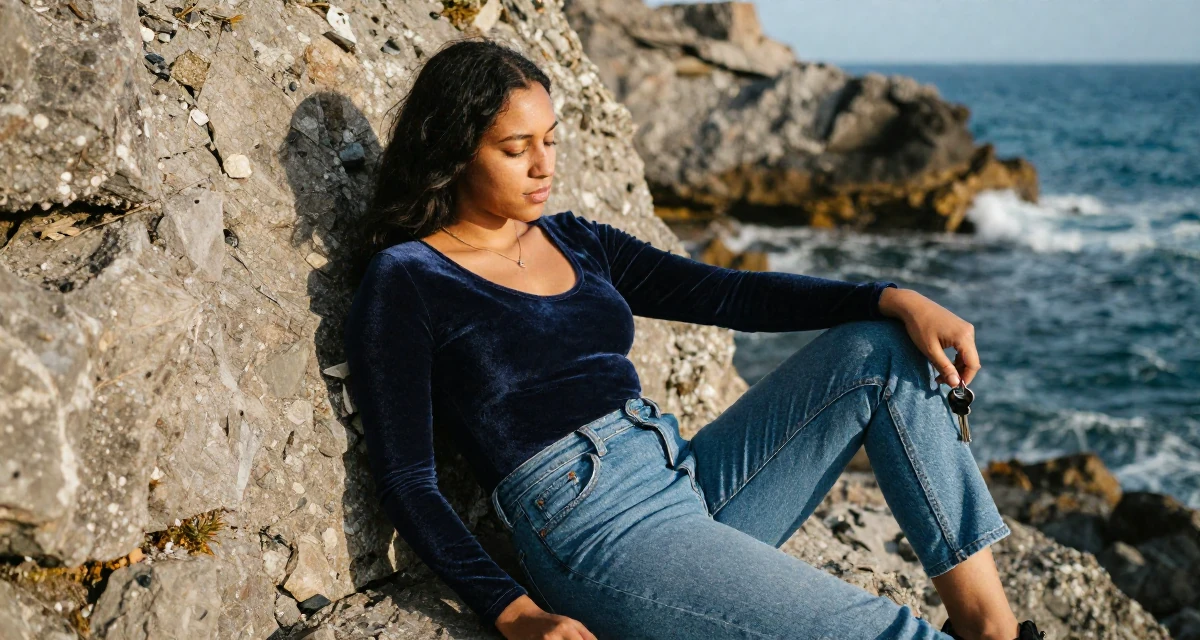 A relaxed Female From Mozambique, studied environmental science in their 36, focusing on mental health and mindfulness, wearing a velvet bodysuit and high-waisted mom jeans, holding a set of keys in a rocky ocean cliff.