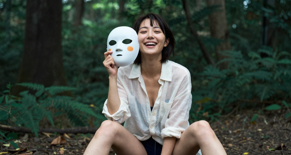 A joyful Female From Tokyo Japan, studied gravure-style posing and aesthetic direction in their 45, embracing the freedom of a child-free life, wearing a translucent linen shirt worn over a swimsuit, holding a mask (cosplay/prop) in a magical forest clearing.