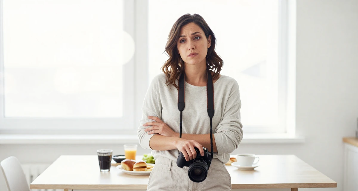 A distracted Female From Montreal Canada, holds a degree in French literature in their 29, carrying invisible pressure to stay relevant, wearing a clean, neutral-toned casual outfit, holding a camera in a breakfast nook.
