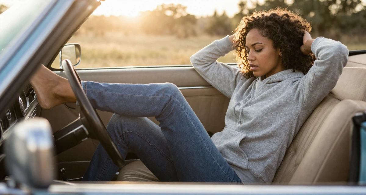 A soulful Female From Nairobi Kenya, trained in expressive dance and confident movement in their 22, investing in outfits that complement sensual expression, wearing a classic grey hoodie and jeans, tapping a foot in a vintage convertible car.