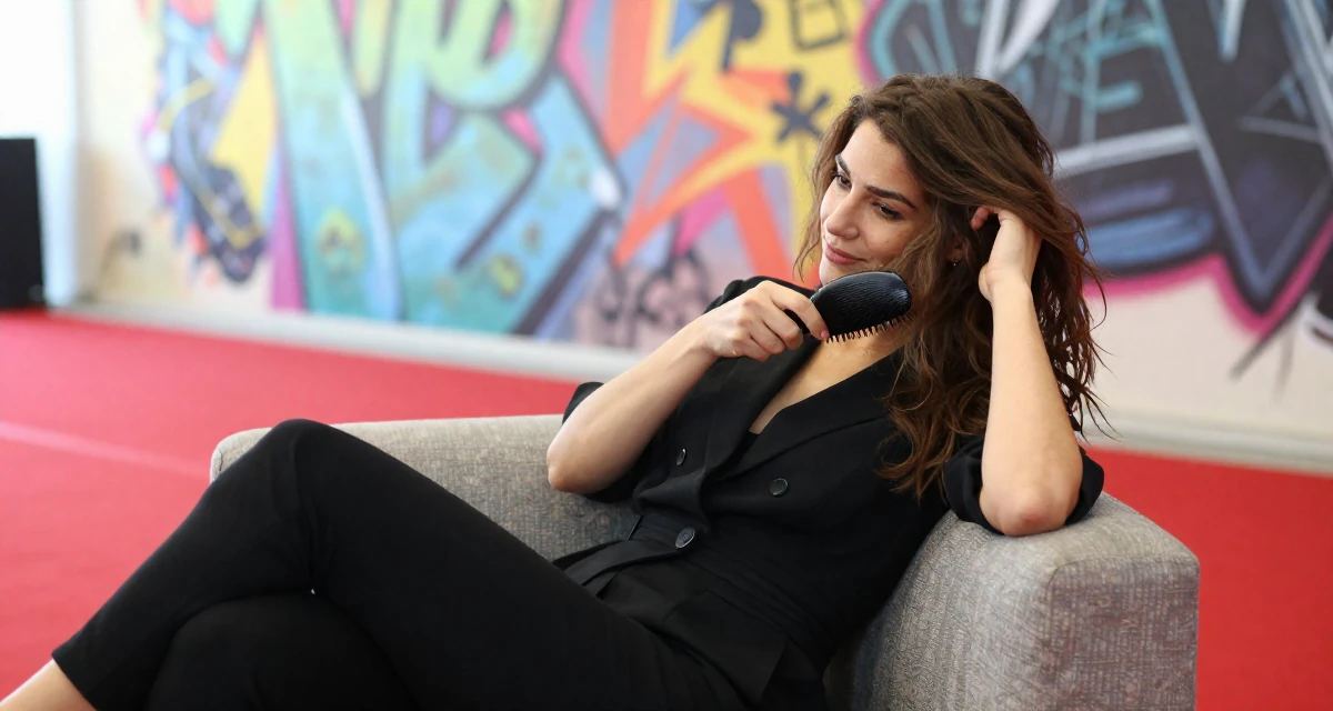 A charming Female From Greece, based in Athens, graduated from a design academy majoring in romantic-themed media in their 28, facing that growth sometimes plateaus for months, wearing a monochromatic black outfit, brushing hair away from the face in a red carpet event.