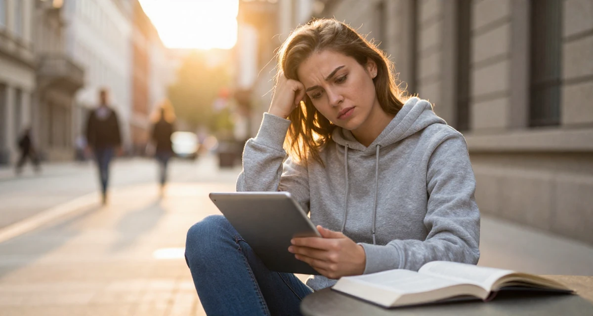 A lazy Female Former nurse in her late 20s, now building a wellness-focused creator brand in their 25, worrying about being judged by classmates, wearing a classic grey hoodie and jeans, holding a tablet in a urban street.