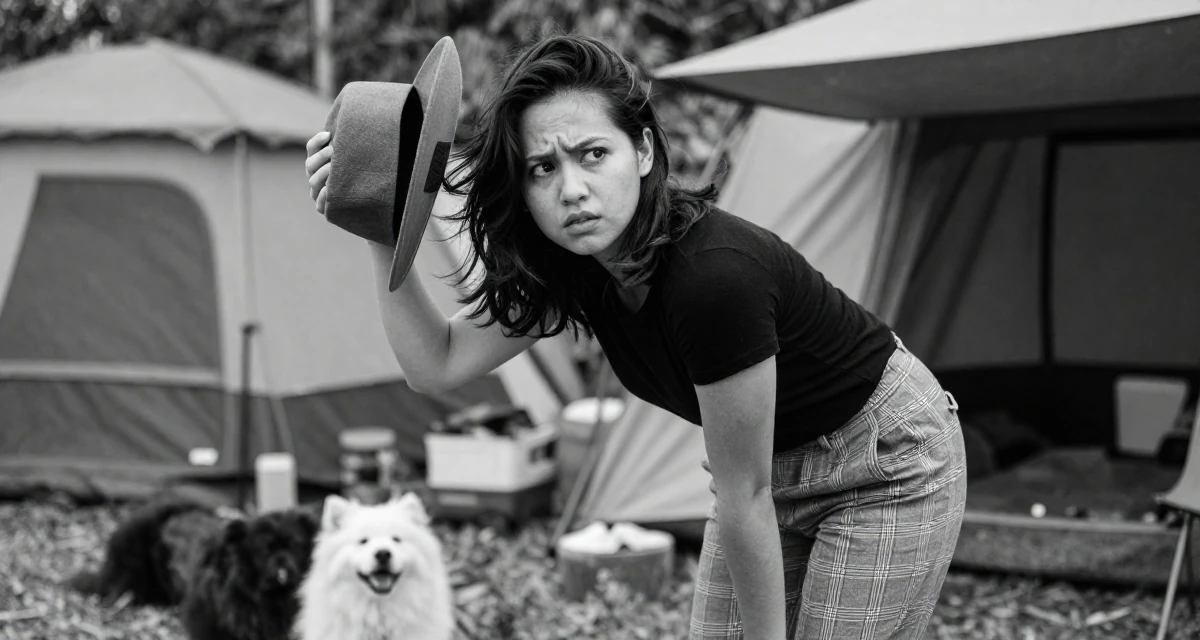 A puzzled Female From the Philippines, majored in creative writing in their 34, taking care of pets and household, wearing a grey plaid trousers and a fitted black tee, holding a hat against the wind in a camping site.