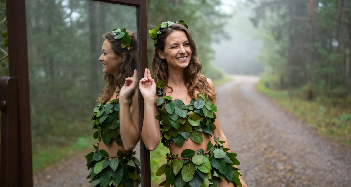 A amused Female From Tampere Finland, learned intimate storytelling through slow-mode videography in their 25, balancing sexiness with professionalism, wearing a forest dryad costume made of leaves and vines, winking playfully in a forest path.