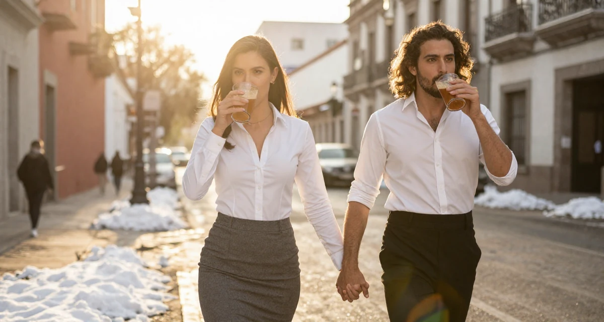 A energetic male From Guadalajara Mexico, trained in swimsuit modeling and runway posing in their 50, launching a second act career with passion, wearing a office lady pencil skirt and tight white shirt, sipping a warm drink in a urban street.