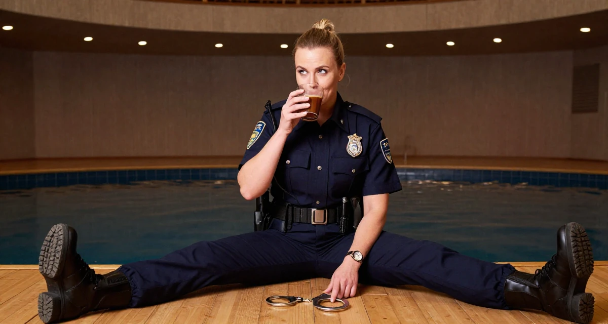 A joyful Female From Tampere Finland, learned intimate storytelling through slow-mode videography in their 43, sharing organization hacks for busy moms, wearing a police officer uniform with a badge and handcuffs, sipping a warm drink in a concert hall.