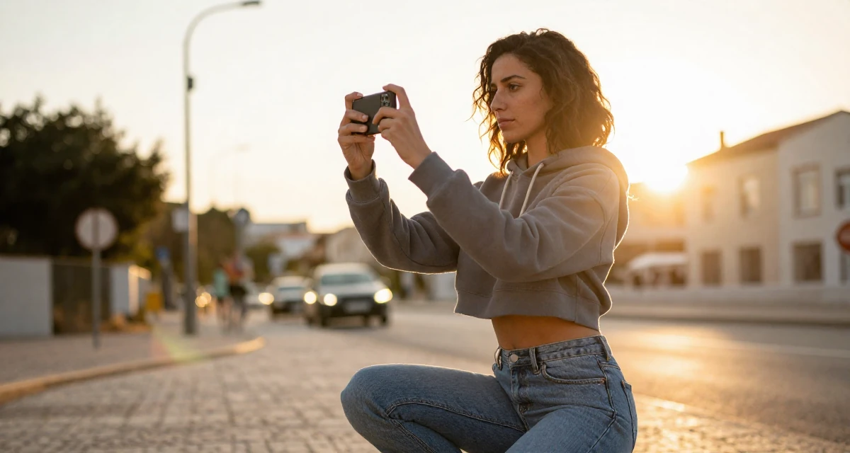 A mellow Female From Portugal, based in Faro, graduated from a media institute majoring in stylish audiovisual curation in their 27, focusing on long-term wealth building, wearing a cropped hoodie showing midriff and low-rise jeans, snapping a photo with a phone in a radio station.