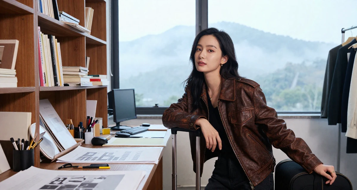 A sincere Female From Suzhou China, holds a degree in architecture in their 25, vibrating with creative potential, wearing a vintage-inspired leather jacket look, polling a luggage handle in a fashion design studio.
