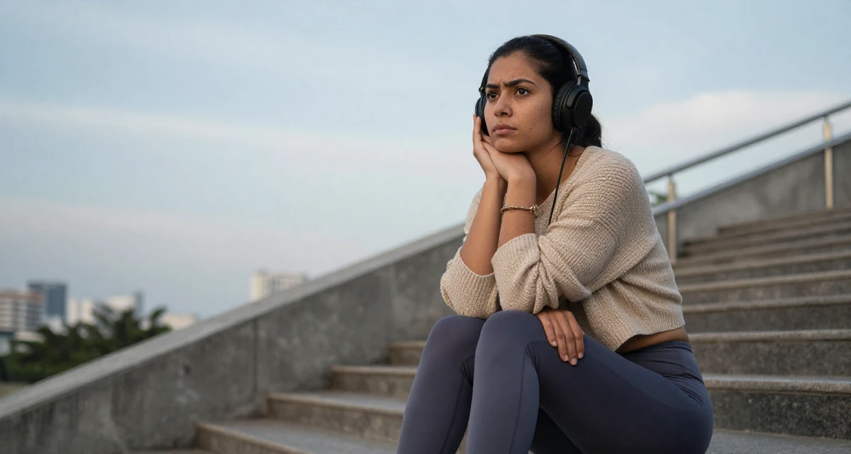 A unimpressed Female From Manila Philippines, learned stage presence from bar performance work in their 25, recognizing the value of mentorship and guidance, wearing a cropped knitted sweater and form-fitting yoga pants, listening to music with headphones in a winding staircase.