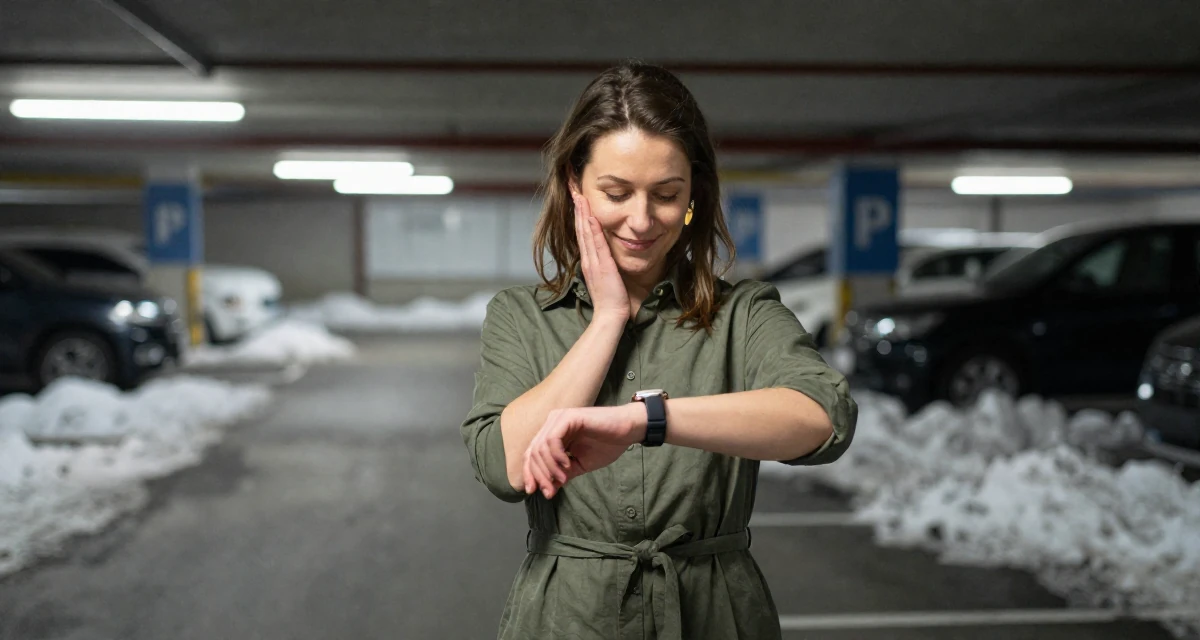A pleased Female From Iceland, majored in renewable energy studies in their 29, preparing for the transition into the 30s, wearing a belted shirt dress with rolled sleeves, checking a wristwatch in a underground parking garage.