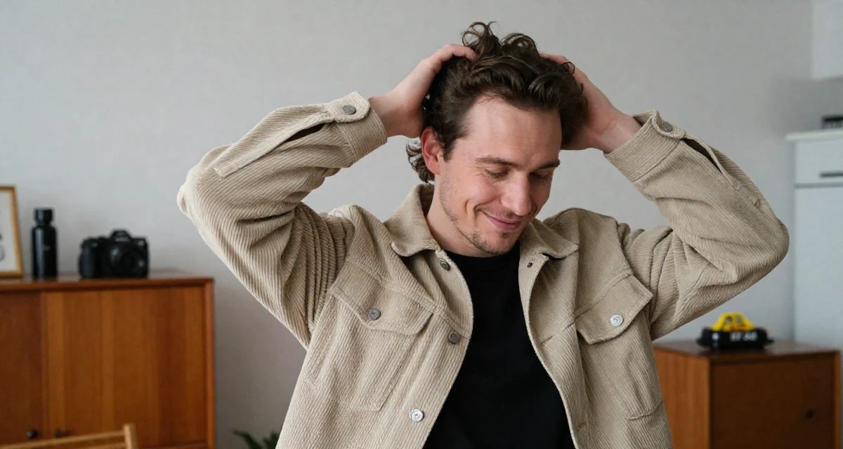 A warmhearted male From Oslo Norway, learned sensual choreography through contemporary dance in their 25, realizing 25 is still incredibly young, wearing a soft texture corduroy jacket, waiting for a taxi in a home interior.