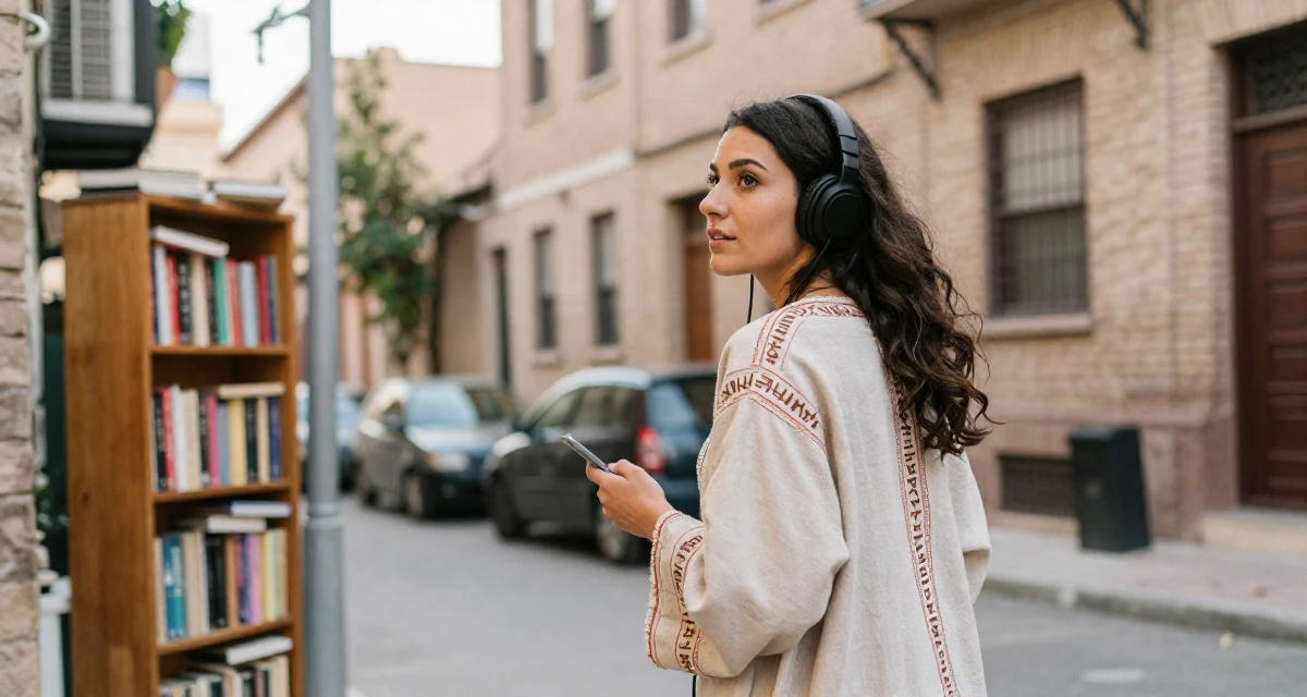 A focused Female From Morocco, majored in web development in their 20, chasing creative dreams despite parental skepticism, wearing a cultist robe with mysterious rune embroidery, listening to music with headphones in a neon-lit street.