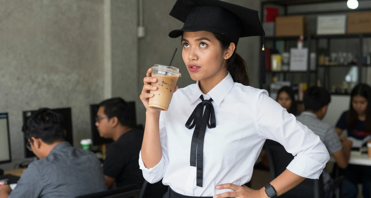 A captivating Female From Indonesia, based in Surabaya, graduated from a creative academy majoring in multimedia arts in their 22, clutching an iced coffee as a survival tool, wearing a white shirt with a black ribbon tie, tipping a hat in a busy coworking space.