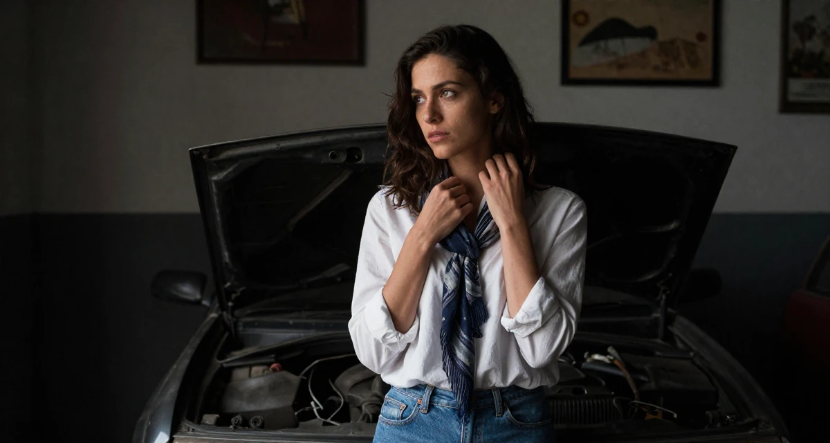 A aloof Female From Italy, majored in law in their 23, seeking career clarity through trial and error, wearing a effortless white blouse and jeans, adjusting a scarf in a mechanic garage.