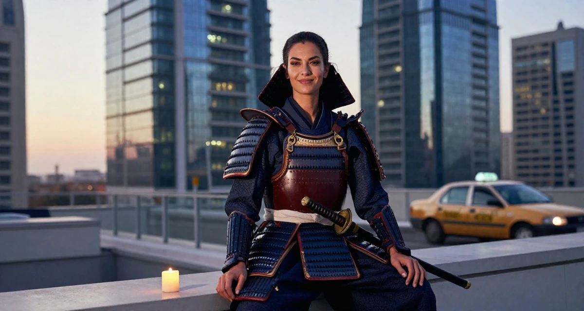A smirking Female From Libya, studied marine engineering in their 25, rethinking long-term career trajectory, wearing a samurai armor set with a katana at the waist, waiting for a taxi in a rooftop terrace at sunset.