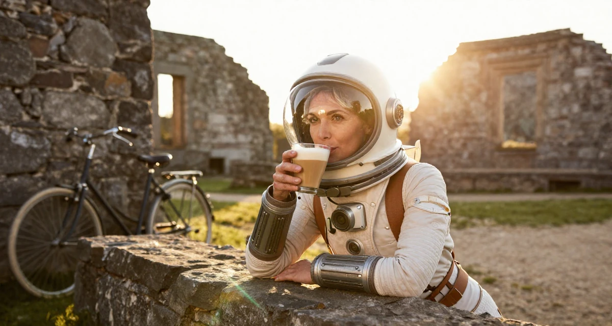 A gentle and kind Female From Denmark, based in Aarhus, graduated from a media institute majoring in branding in their 50, established authority in a niche industry, wearing a retro sci-fi space girl outfit with a bubble helmet, sipping a latte in a ancient stone ruins.