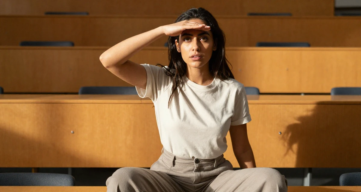 A longing Female From UK, studied fashion marketing in London in their 25, learning how poses can feel powerful instead of scary, wearing a minimalist everyday clothing, shading eyes with a hand in a lecture hall.