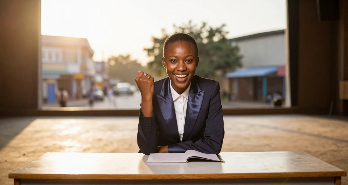 A victorious Female From Nigeria, studied biomedical science in their 25, managing tight budgets as a student, wearing a satin lapel blazer and tuxedo pants, playing with a ring on a finger in a empty theater stage.