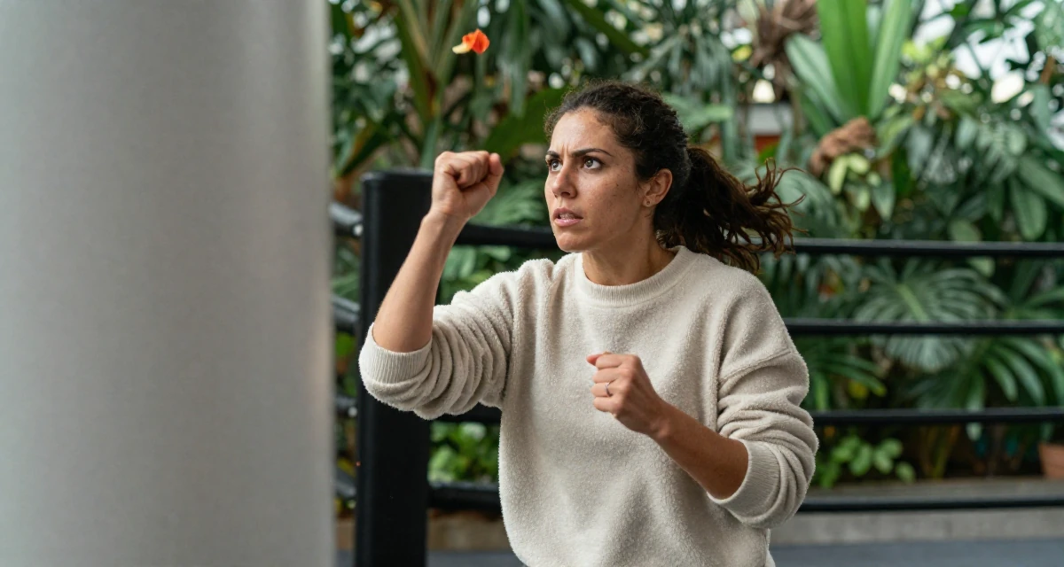 A determined Female Former martial-arts trainee, now producing athletic creator content in their 24, mastering the art of work-life separation, wearing a cozy fleece pullover, catching a falling flower petal in a boxing ring.