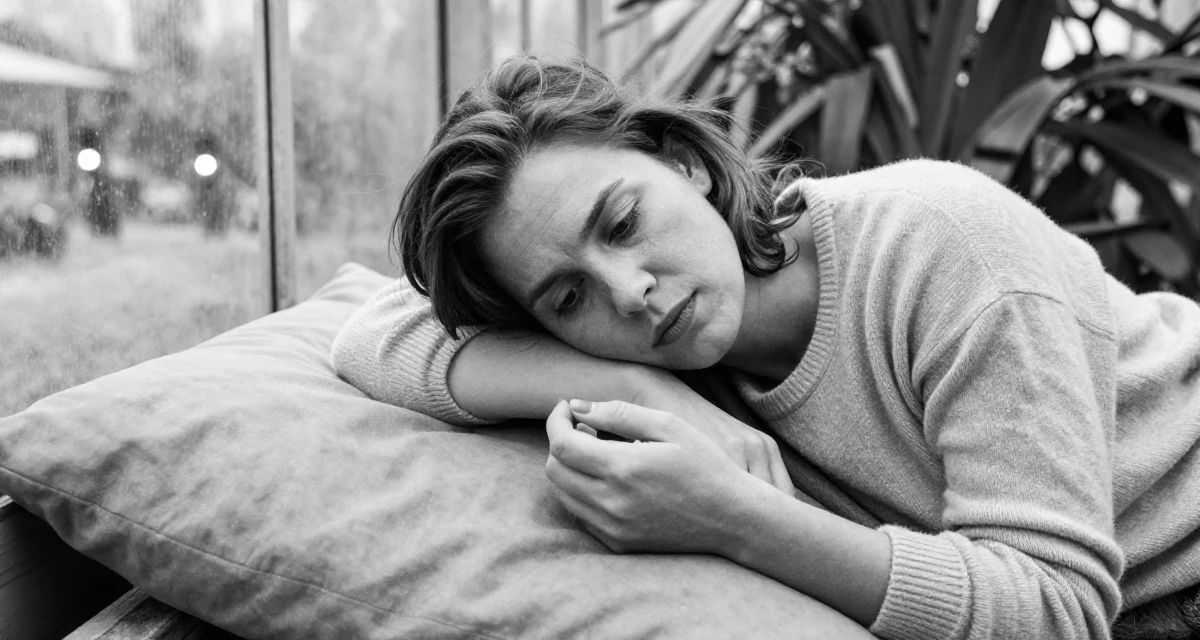 A contemplative Female From Denmark, majored in data analytics in their 40, embracing natural beauty and self-acceptance, wearing a soft cashmere sweater worn with nothing visible underneath, inspecting fingernails in a greenhouse interior.