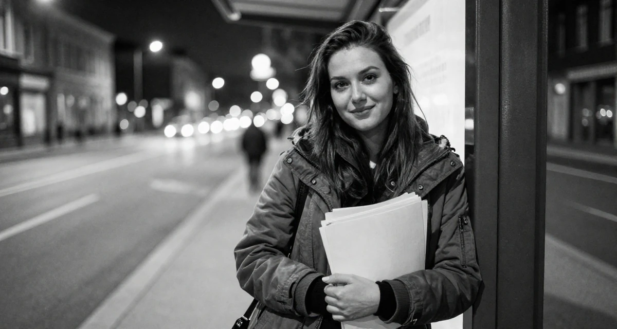 A radiant Female Once a babysitter, now documenting grown-up self-expression in their 25, over the drama of early 20s nightlife, wearing a stylish parka jacket, carrying a stack of documents in a bus stop.
