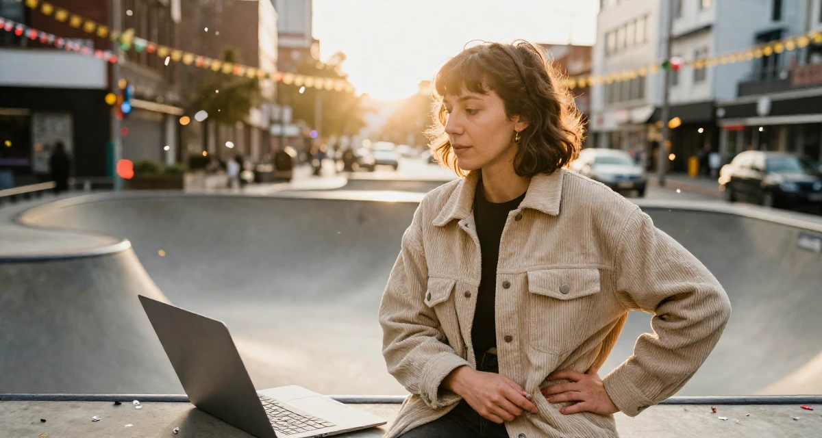 A introspective Female Former retail cashier, now monetizing aesthetic self-portraits in their 37, navigating the world of freelance consulting, wearing a soft texture corduroy jacket, clasping hands together in a skate park.