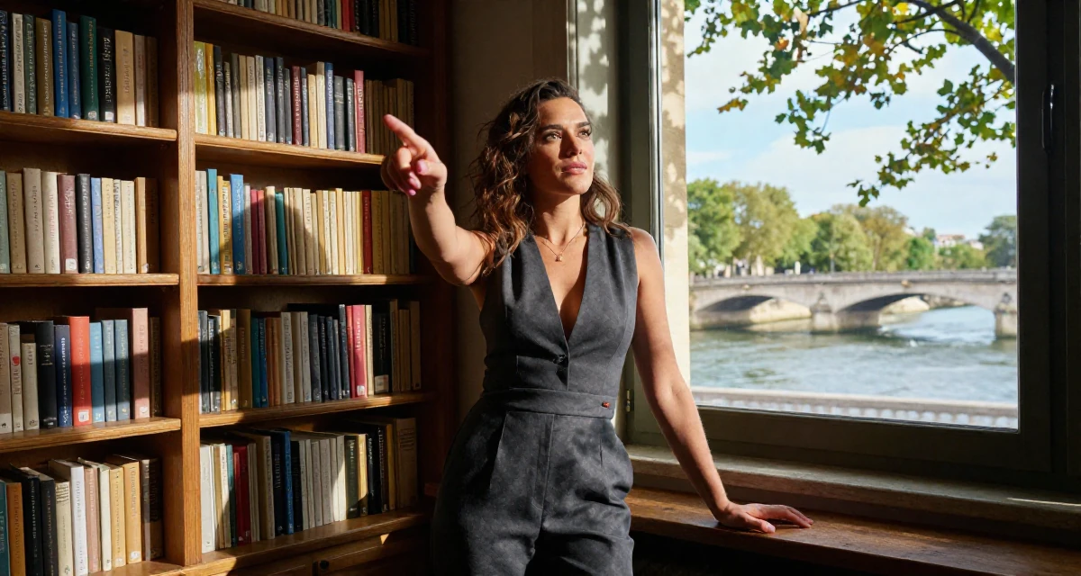 A sultry Female From Paris France, majored in cultural studies in their 47, sharing the joy of slow food and cooking, wearing a tailored jumpsuit with a deep v-neck, pointing at something distant in a quiet library corner.