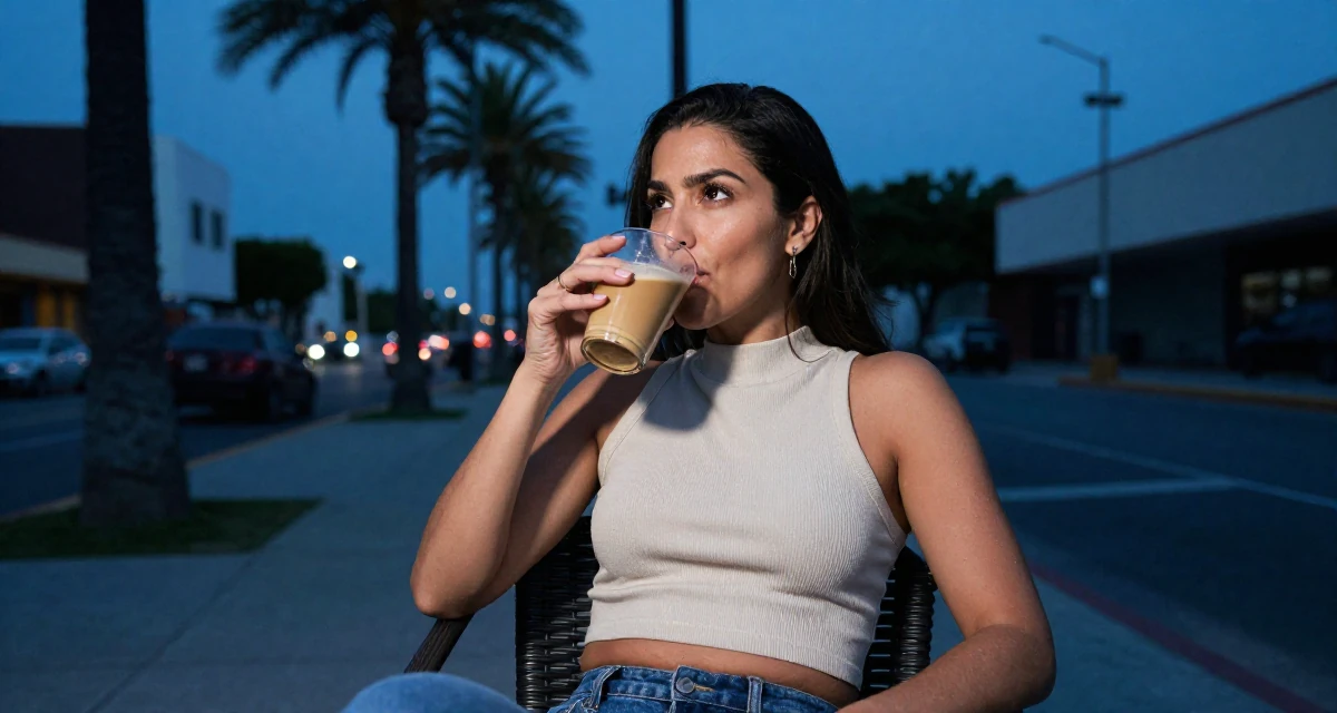 A confident and poised Female Raised in Mexico, majored in e-commerce management in their 50, feeling more vibrant and energetic than ever, wearing a high-neck sleeveless crop top showing toned arms, sipping a latte in a city sidewalk.