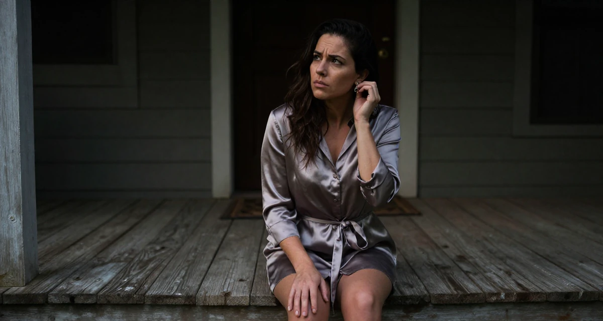 A judgemental Female From USA, trained as a yoga instructor in their 32, first-time homeowner documenting renovation process, wearing a silk shirt dress with a tie waist, putting on earrings in a front porch.