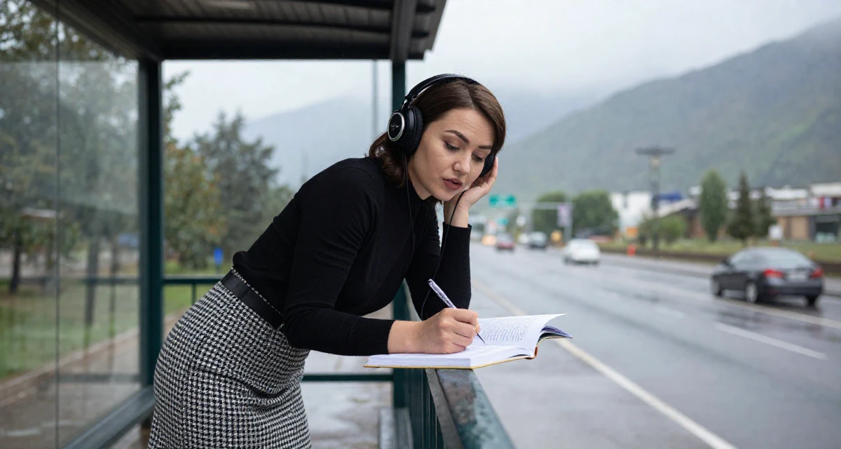 A inspired Female From Kazakhstan, studied financial mathematics in their 36, documenting the process of writing a book, wearing a houndstooth pattern skirt and black top, listening to music with headphones in a bus stop in the rain.