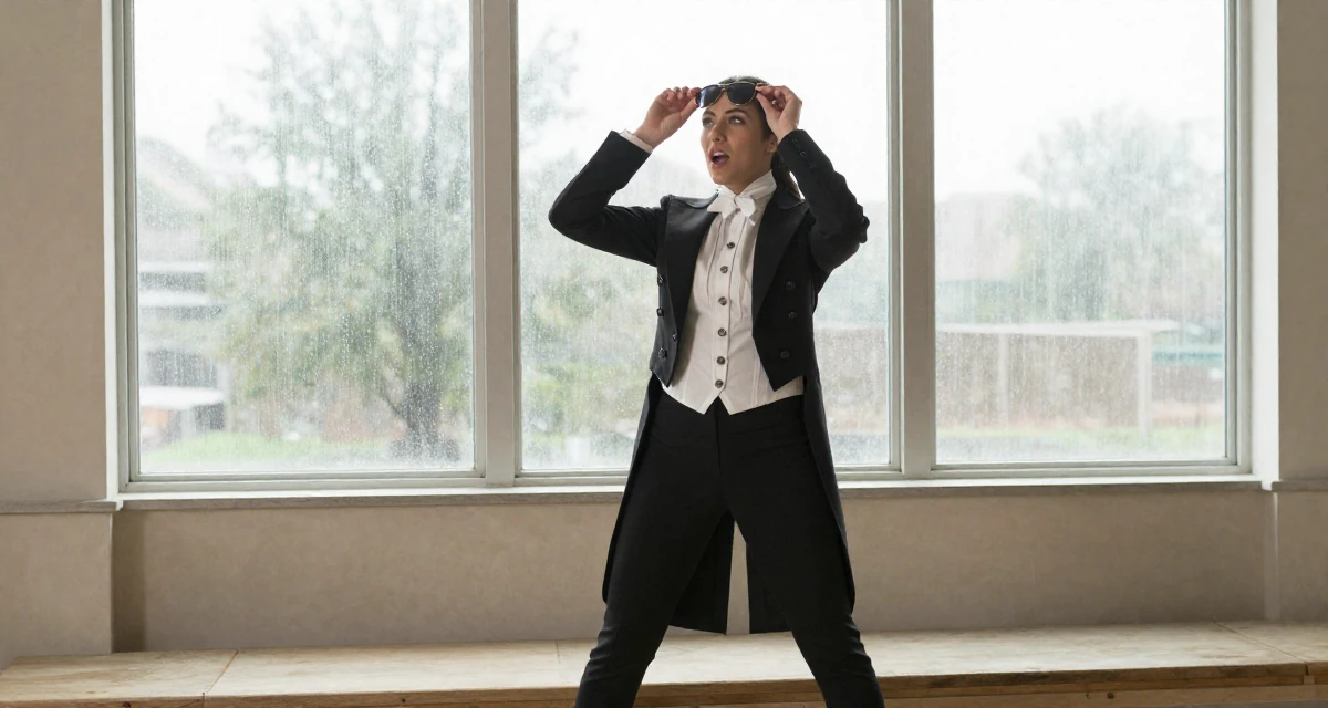 A eager Female From USA, studied anthropology and folklore in their 25, recognizing the value of mentorship and guidance, wearing a circus ringmaster outfit with a tailcoat, putting on sunglasses in a rainy window seat.