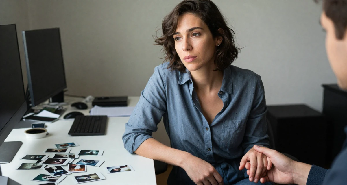 A thoughtful Female From Netherlands, studied media and culture in their 23, radiating a quiet determination to succeed, wearing a button-up shirt dress with the top buttons undone, holding hands with someone unseen in a messy desk.