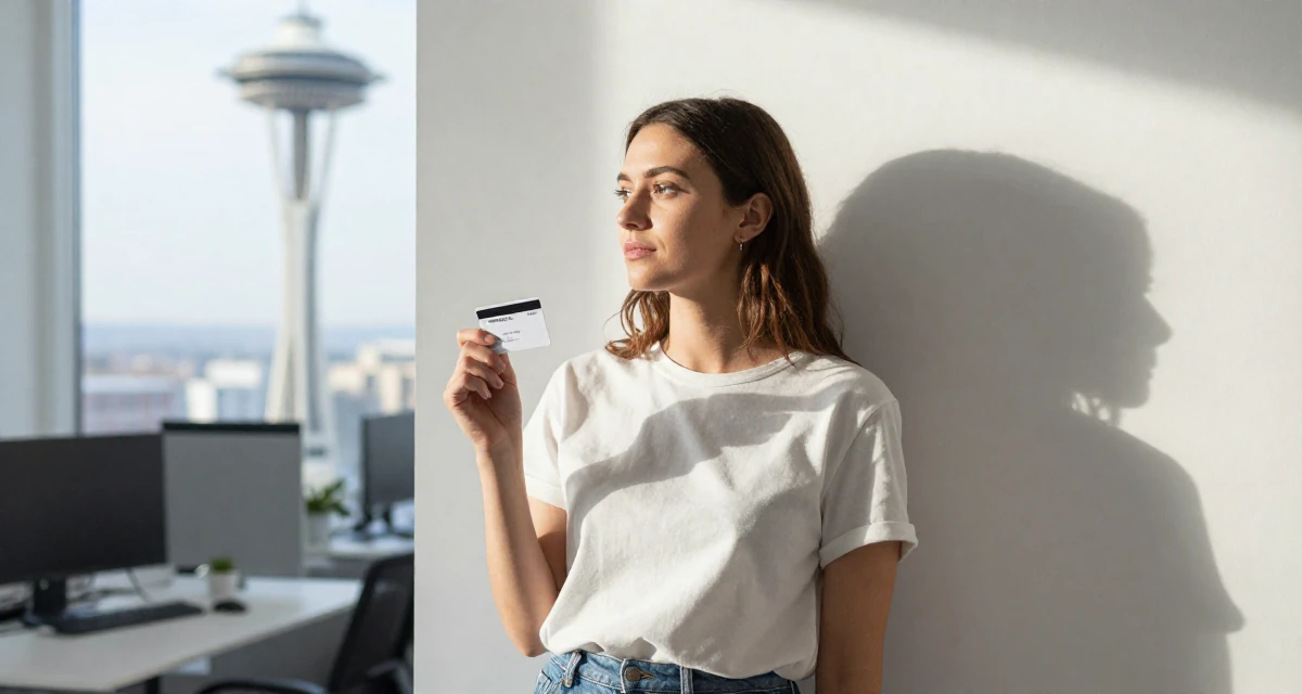 A dreamy Female From Prague Czech Republic, explored intimate photography as art in their 25, entering first serious friendships and relationships, wearing a minimalist Scandinavian style, holding a subway card in a office workspace.