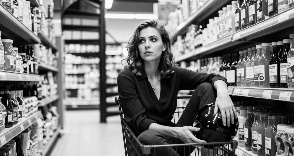A introspective Female From Poland, majored in international relations in their 20, exploring identity through bold fashion choices, wearing a elegant evening casual wear, holding a helmet in a supermarket aisle.