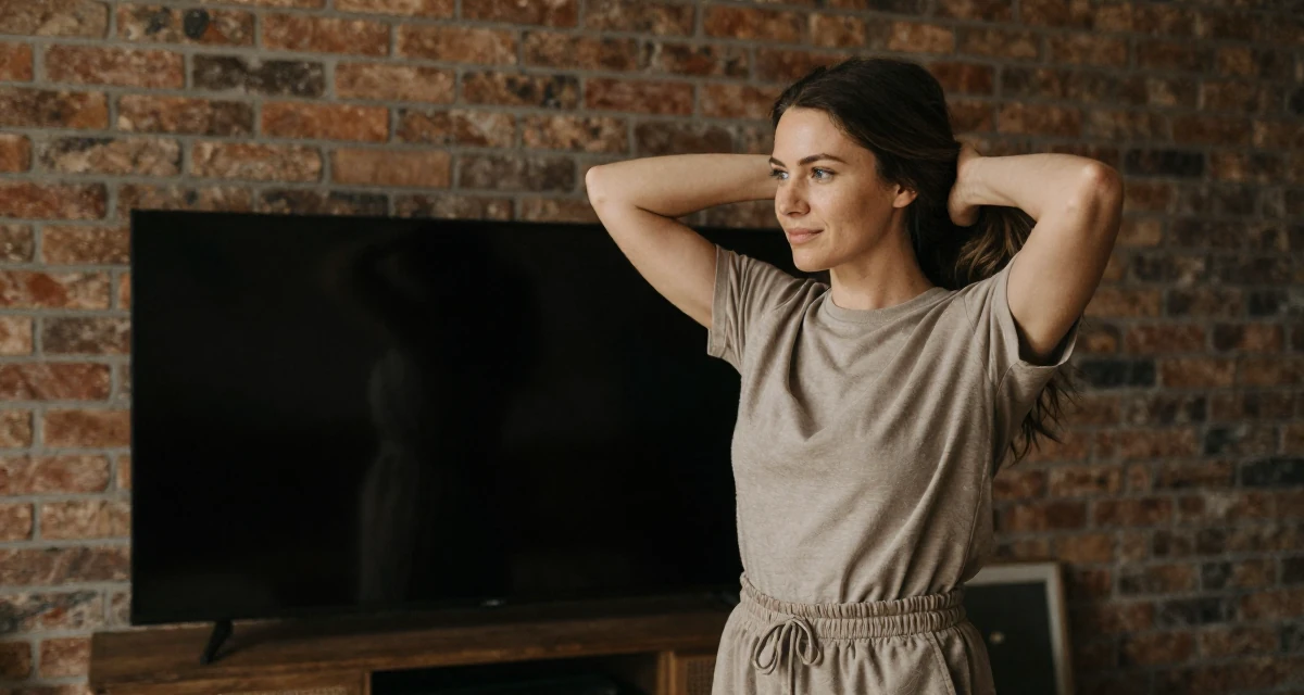 A proud Female Once a kindergarten helper, now producing warm lifestyle aesthetics in their 33, building a supportive online community, wearing a muted earth-tone clothing set, tucking hair behind an ear in a tv set.