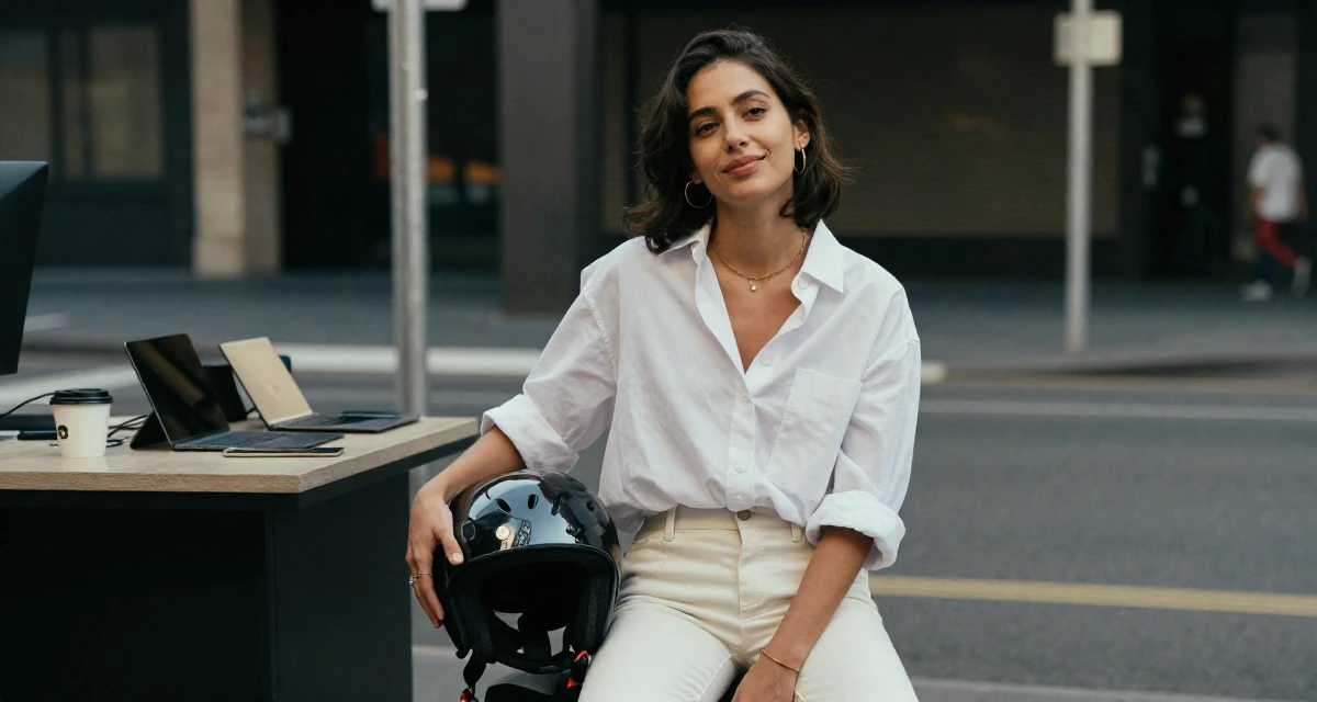 A warmhearted Female From Australia, majored in finance at a private university in their 22, maintaining emotional distance while delivering flirty energy, wearing a oversized white shirt with sleeves rolled up and slim trousers, holding a helmet in a urban street.