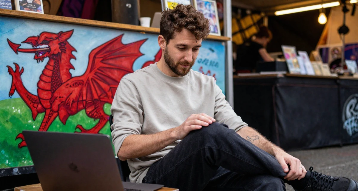 A gentle male Born in Wales, majored in education studies in their 30, freelancing after a layoff, wearing a urban minimalist silhouette, smoothing out clothes in a night market stall.