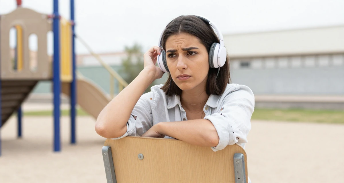 A suspicious Female From Valencia Spain, holds a degree in tourism management in their 25, balancing social life with evolving ambitions, wearing a relaxed vacation shirt, listening to music with headphones in a school playground.