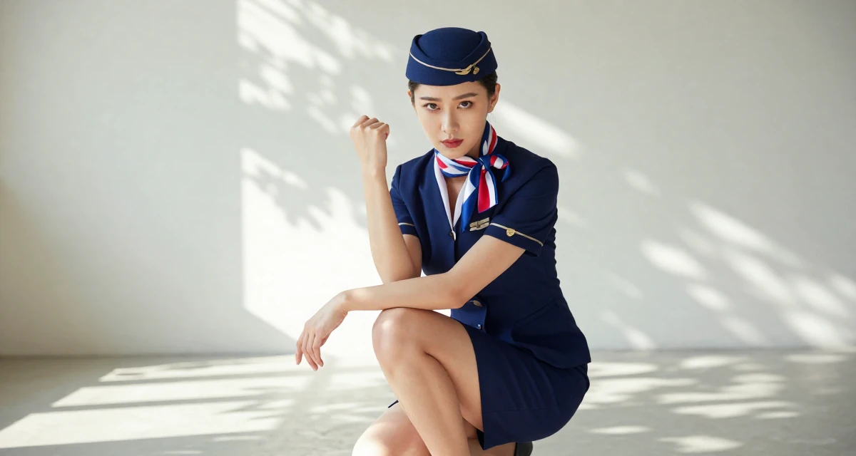 A intense and captivating Female Once a high-school English tutor, now exploring sensual storytelling in their 38, reviewer of high-end tech products, wearing a flight attendant uniform with a silk scarf, adjusting sleeves in a basement studio.