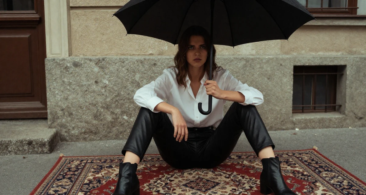A intimidating Female From Bucharest Romania, trained in expressive posing in their 22, filming between classes because real life leaves no time, wearing a black leather trousers and a crisp white blouse, holding an umbrella in a city sidewalk.