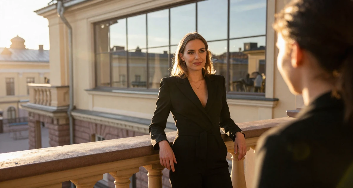 A resolute Female From Helsinki Finland, studied visual communication in their 21, trying to act professional at a first internship, wearing a black jumpsuit with a blazer style top, smiling at a stranger in a opera house balcony.