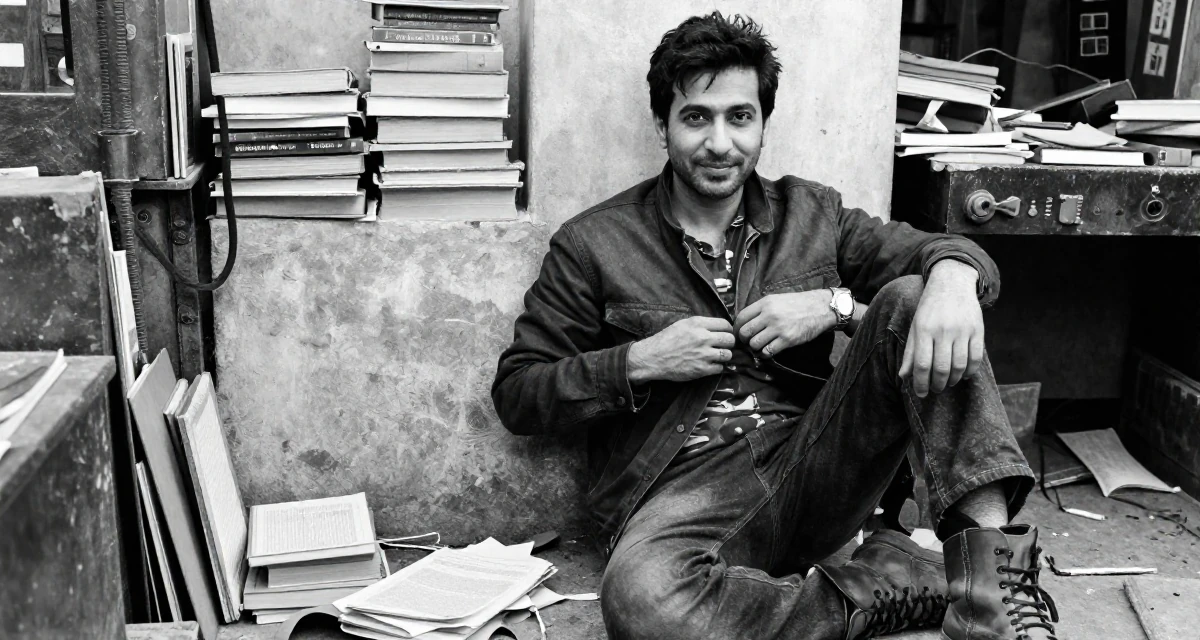 A gently amused male Raised in Pakistan, majored in mass communication in their 40, embracing natural beauty and self-acceptance, wearing a edgy street style with boots, buttoning up a jacket in a messy artist studio.