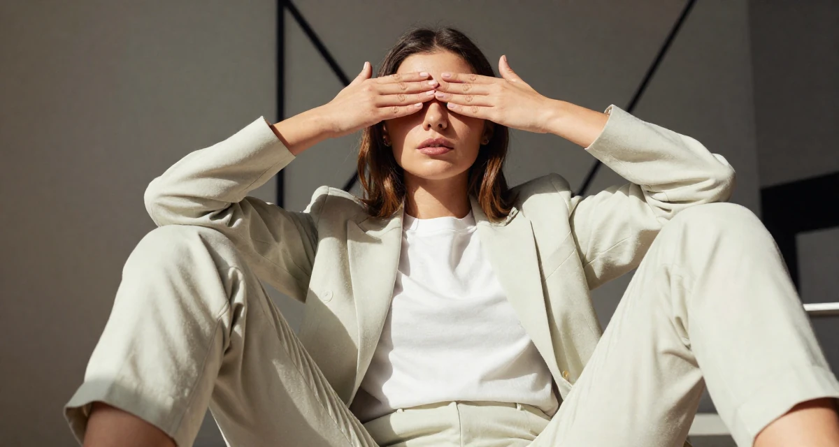A thoughtful Female From Romania, trained in multimedia design in their 23, recovering from early career burnout, wearing a soft pastel-colored ensemble, covering eyes from the sun in a home interior.