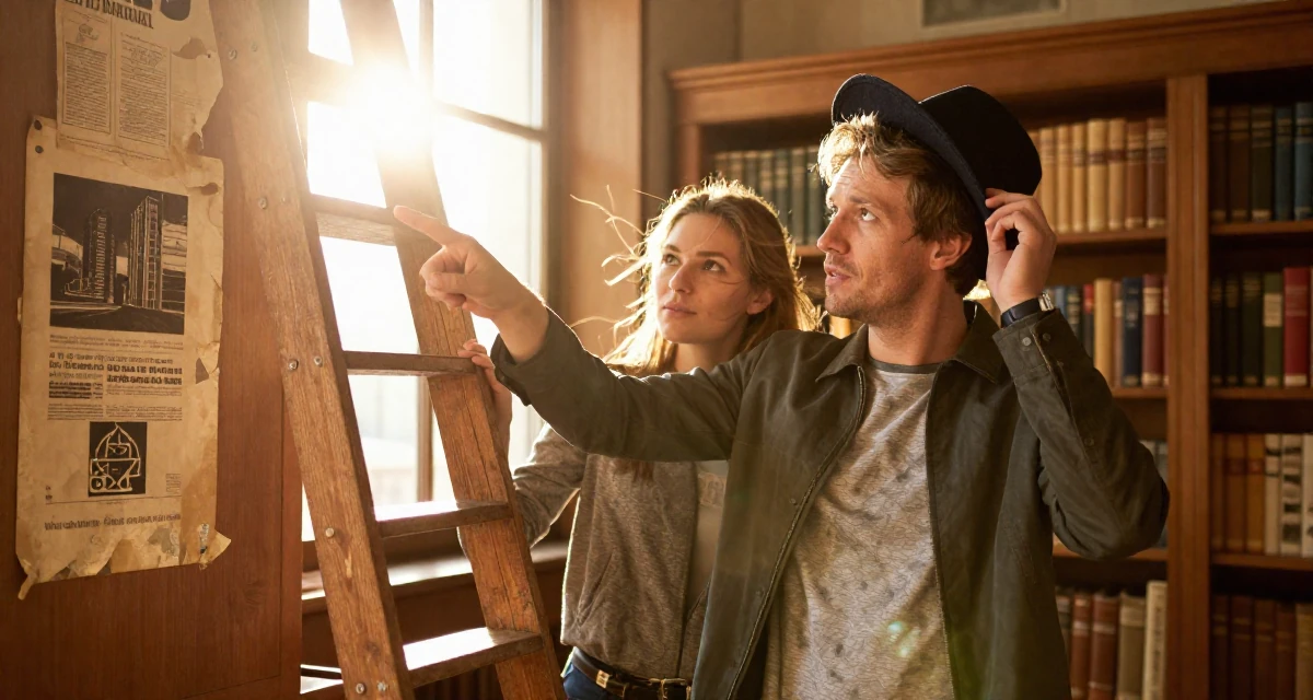 A captivating Female From Germany, based in Düsseldorf, graduated from a design university majoring in atmospheric visual storytelling in their 38, single dad sharing parenting hacks, wearing a structured jacket with casual tee, holding a hat against the wind in a old library with wooden ladders.