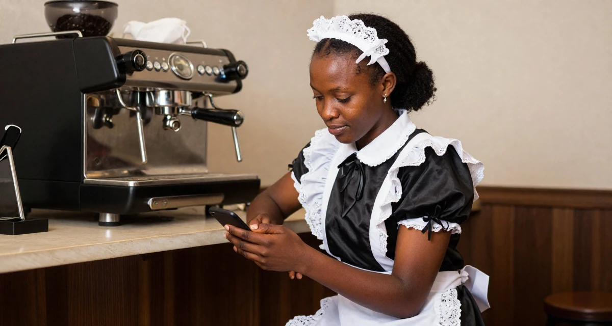 A sympathetic Female From Kenya, based in Nairobi, graduated from a creative institute majoring in aesthetic communication in their 31, recently paid off student loans, wearing a french maid costume with black silk and white lace, scrolling casually in a coffee shop corner.