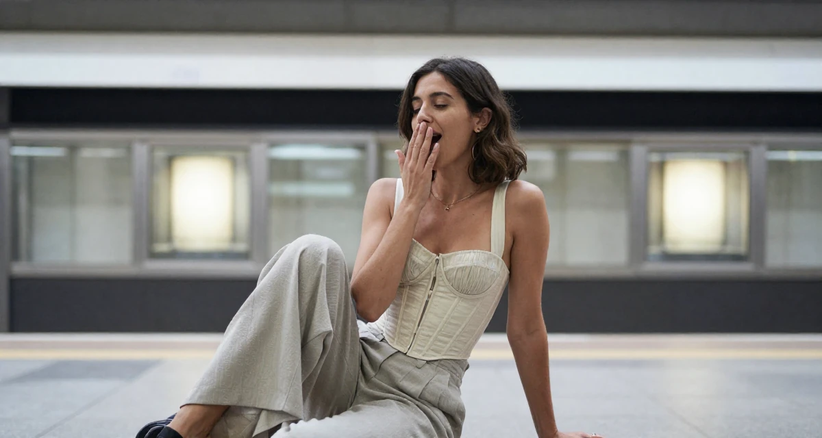 A softly smiling Female From Madrid Spain, studied journalism in their 30, recovering workaholic learning to relax, wearing a corset-style top and wide-leg trousers, yawning discreetly in a subway station.