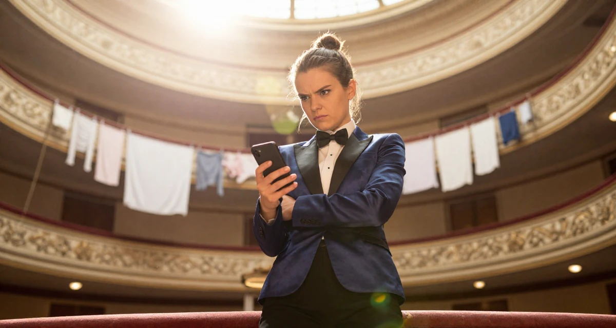 A defiant Female Raised in Poland, majored in entrepreneurship studies in their 25, balancing school assignments with content ideas, wearing a satin lapel blazer and tuxedo pants, checking a phone in a opera house balcony.