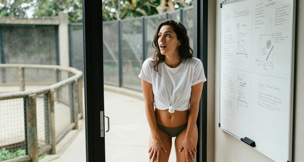 A vibrant Female Born in New Zealand, studied creative media production in their 34, redefining what success means personally, wearing a classic white t-shirt knotted at the front and bikini bottoms, pulling a door open in a zoo enclosure path.